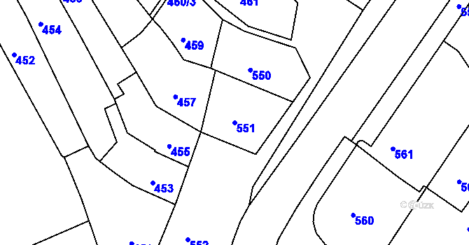 Parcela st. 551 v KÚ Rousínov u Vyškova, Katastrální mapa