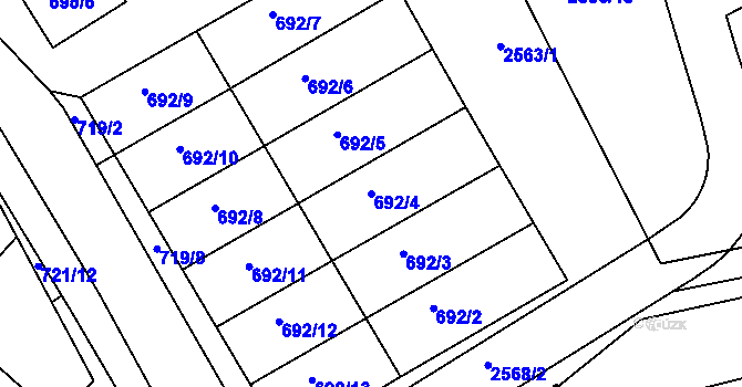 Parcela st. 692/4 v KÚ Rousínov u Vyškova, Katastrální mapa