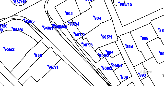 Parcela st. 907/3 v KÚ Rousínov u Vyškova, Katastrální mapa