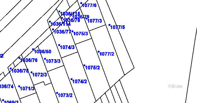 Parcela st. 1077/2 v KÚ Rousínov u Vyškova, Katastrální mapa