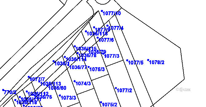 Parcela st. 1077/3 v KÚ Rousínov u Vyškova, Katastrální mapa