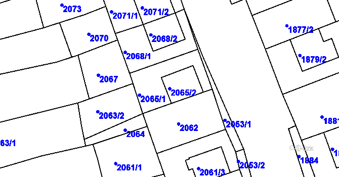 Parcela st. 2065/2 v KÚ Rousínov u Vyškova, Katastrální mapa