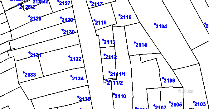 Parcela st. 2112 v KÚ Rousínov u Vyškova, Katastrální mapa