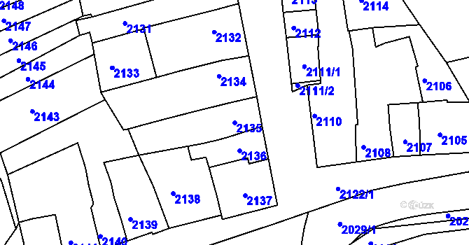 Parcela st. 2135 v KÚ Rousínov u Vyškova, Katastrální mapa