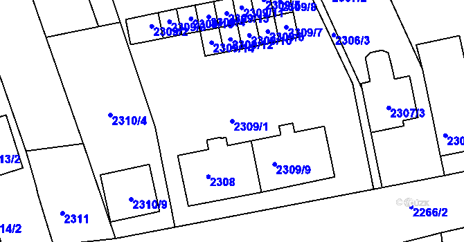 Parcela st. 2309/1 v KÚ Rousínov u Vyškova, Katastrální mapa