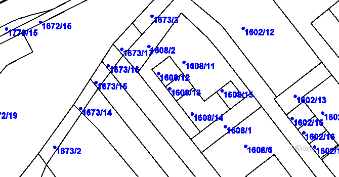 Parcela st. 1608/13 v KÚ Rousínov u Vyškova, Katastrální mapa