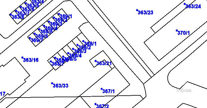 Parcela st. 363/38 v KÚ Rousínov u Vyškova, Katastrální mapa