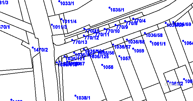 Parcela st. 1036/56 v KÚ Rousínov u Vyškova, Katastrální mapa