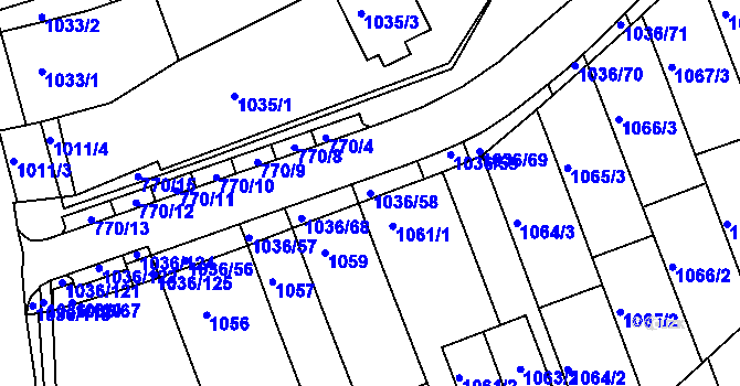 Parcela st. 1036/58 v KÚ Rousínov u Vyškova, Katastrální mapa