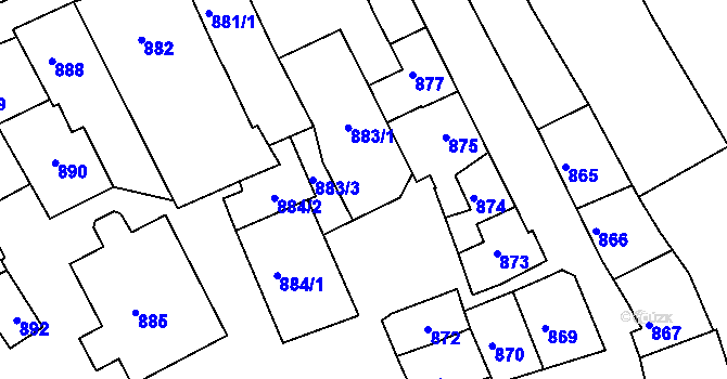 Parcela st. 883/1 v KÚ Rousínov u Vyškova, Katastrální mapa