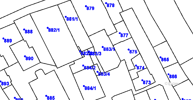 Parcela st. 883/2 v KÚ Rousínov u Vyškova, Katastrální mapa