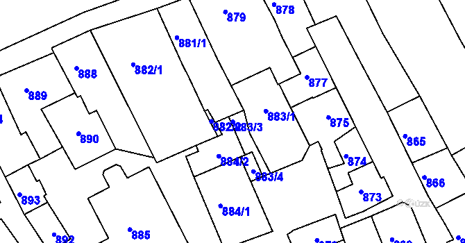 Parcela st. 883/3 v KÚ Rousínov u Vyškova, Katastrální mapa