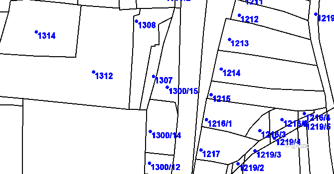 Parcela st. 1300/15 v KÚ Rousínov u Vyškova, Katastrální mapa
