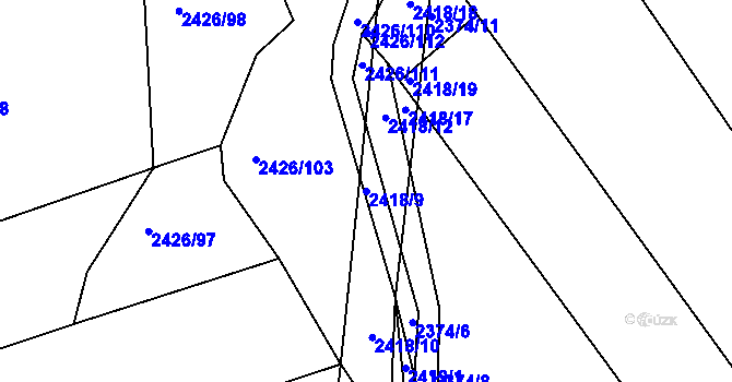 Parcela st. 2418/9 v KÚ Rousínov u Vyškova, Katastrální mapa