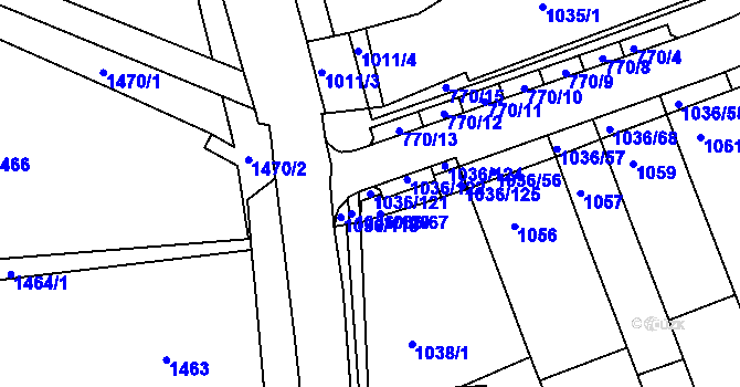 Parcela st. 1036/121 v KÚ Rousínov u Vyškova, Katastrální mapa