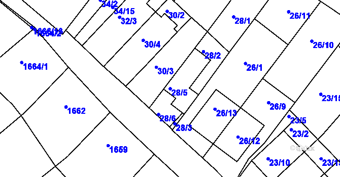 Parcela st. 28/5 v KÚ Rousínov u Vyškova, Katastrální mapa