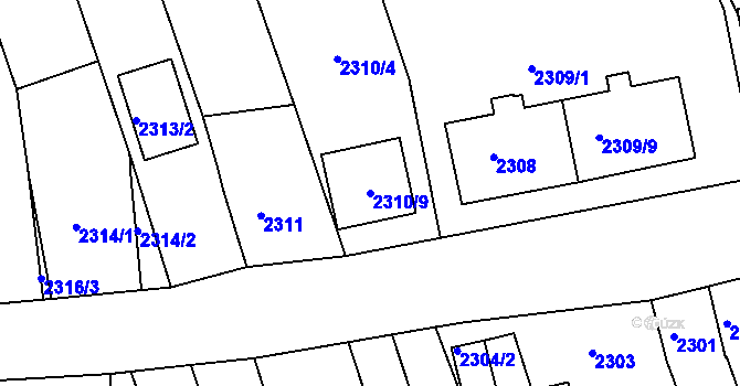 Parcela st. 2310/9 v KÚ Rousínov u Vyškova, Katastrální mapa