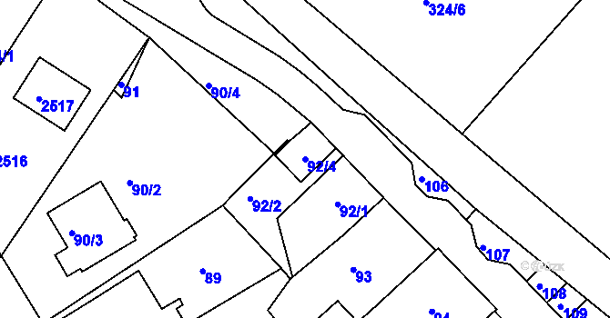 Parcela st. 92/4 v KÚ Rousínov u Vyškova, Katastrální mapa