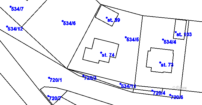 Parcela st. 74 v KÚ Rousměrov, Katastrální mapa