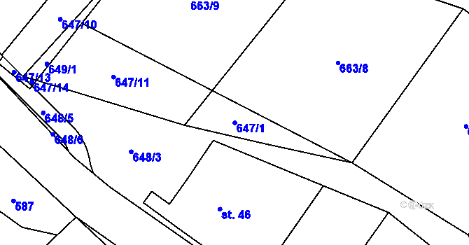 Parcela st. 647/1 v KÚ Rousměrov, Katastrální mapa