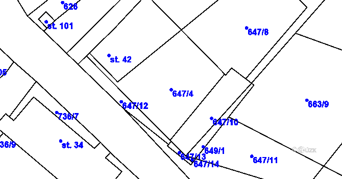 Parcela st. 647/4 v KÚ Rousměrov, Katastrální mapa