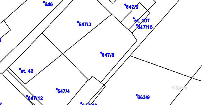 Parcela st. 647/8 v KÚ Rousměrov, Katastrální mapa