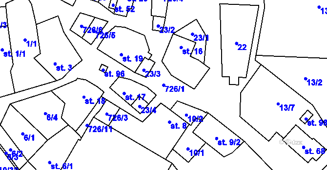 Parcela st. 726/1 v KÚ Rousměrov, Katastrální mapa