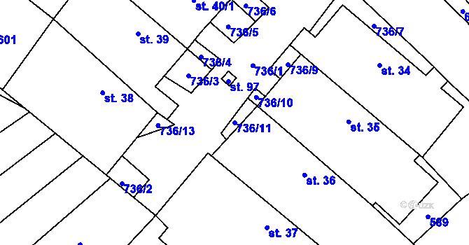 Parcela st. 736/11 v KÚ Rousměrov, Katastrální mapa