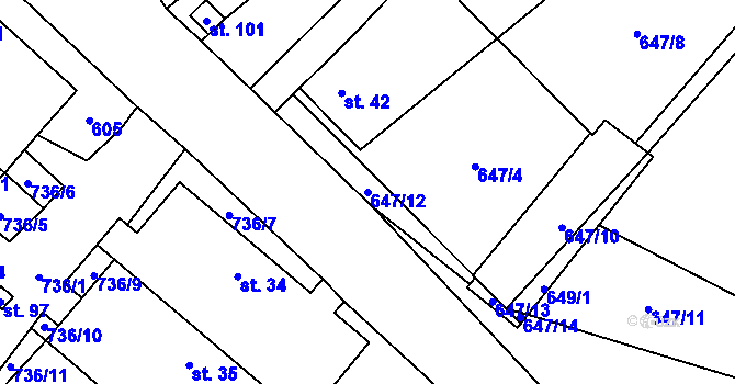 Parcela st. 647/12 v KÚ Rousměrov, Katastrální mapa