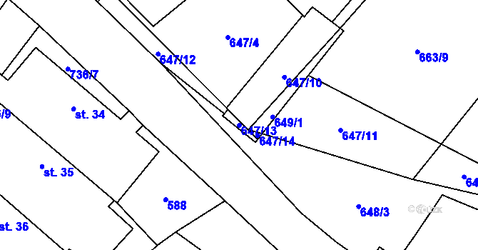 Parcela st. 647/13 v KÚ Rousměrov, Katastrální mapa