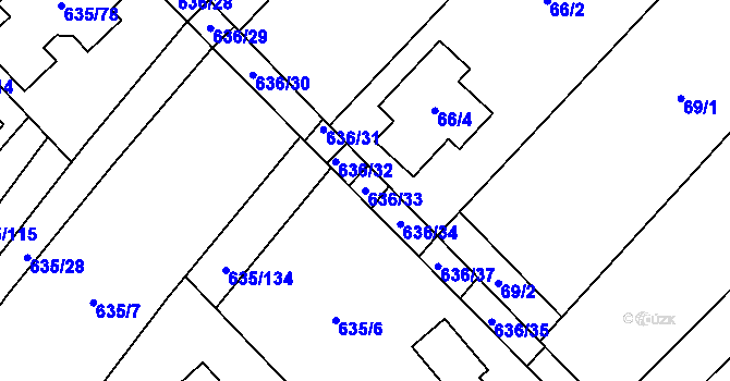Parcela st. 636/33 v KÚ Rozdrojovice, Katastrální mapa