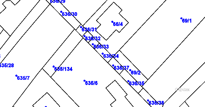 Parcela st. 636/34 v KÚ Rozdrojovice, Katastrální mapa
