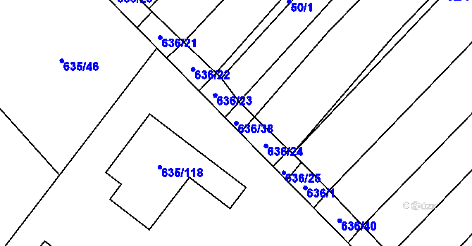 Parcela st. 636/38 v KÚ Rozdrojovice, Katastrální mapa