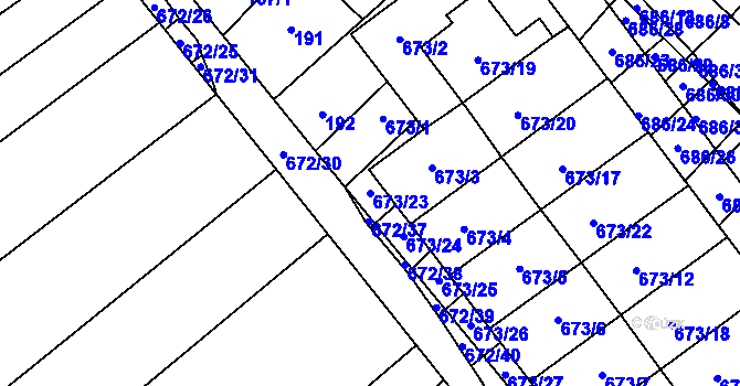 Parcela st. 673/23 v KÚ Rozdrojovice, Katastrální mapa
