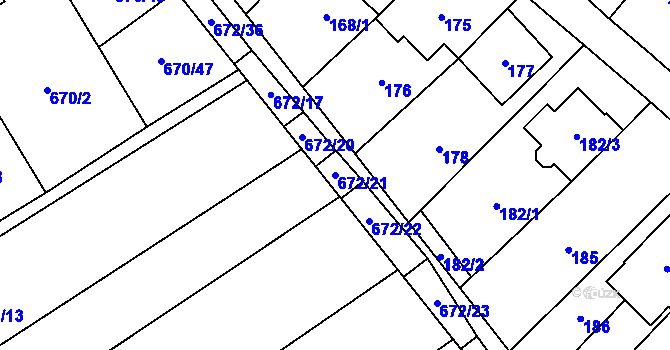 Parcela st. 672/21 v KÚ Rozdrojovice, Katastrální mapa