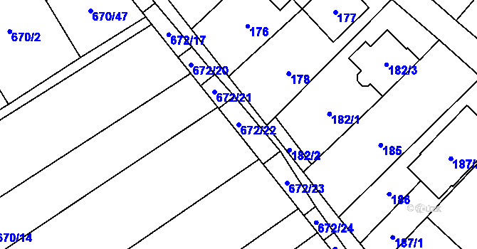 Parcela st. 672/22 v KÚ Rozdrojovice, Katastrální mapa