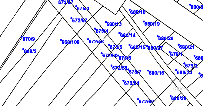 Parcela st. 672/60 v KÚ Rozdrojovice, Katastrální mapa