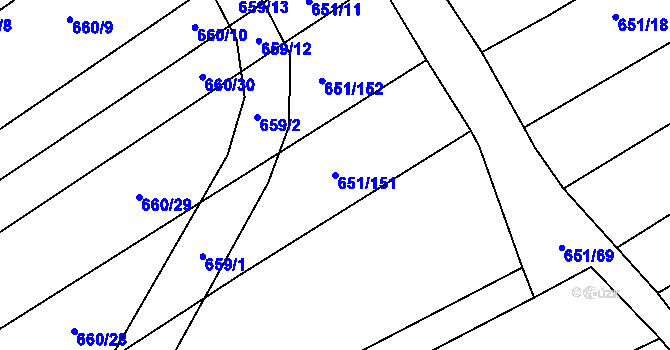 Parcela st. 651/151 v KÚ Rozdrojovice, Katastrální mapa