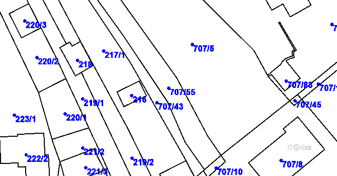 Parcela st. 707/55 v KÚ Rozdrojovice, Katastrální mapa