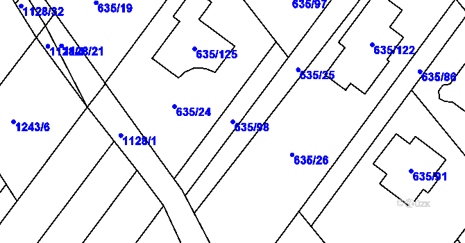 Parcela st. 635/98 v KÚ Rozdrojovice, Katastrální mapa