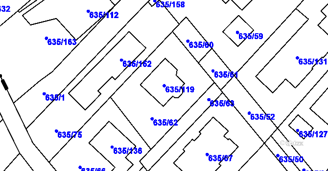 Parcela st. 635/119 v KÚ Rozdrojovice, Katastrální mapa
