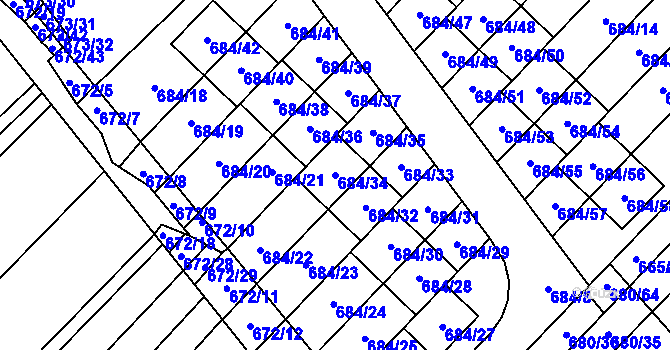 Parcela st. 684/34 v KÚ Rozdrojovice, Katastrální mapa