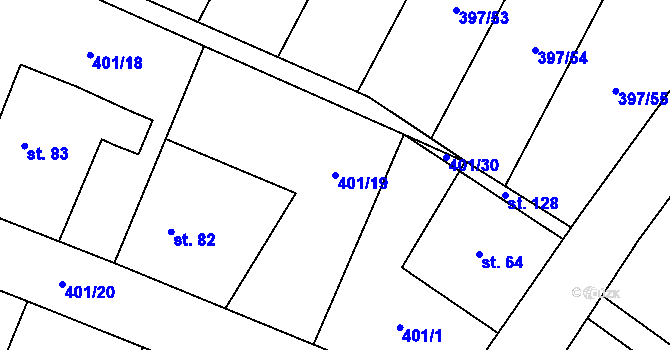 Parcela st. 401/19 v KÚ Rozhovice, Katastrální mapa