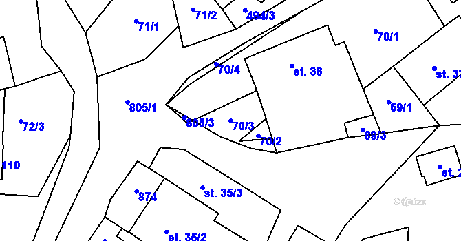 Parcela st. 70/3 v KÚ Rozsochy, Katastrální mapa