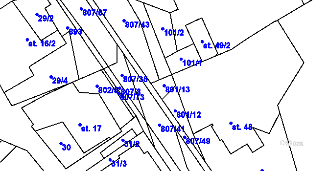 Parcela st. 801/13 v KÚ Rozsochy, Katastrální mapa