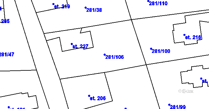 Parcela st. 281/106 v KÚ Rozstání pod Ještědem, Katastrální mapa