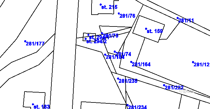 Parcela st. 281/184 v KÚ Rozstání pod Ještědem, Katastrální mapa