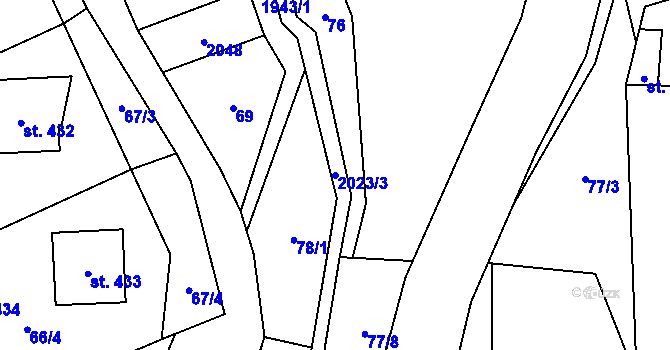 Parcela st. 2023/3 v KÚ Rozstání pod Kojálem, Katastrální mapa