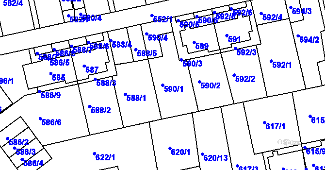 Parcela st. 590/1 v KÚ Roztoky u Prahy, Katastrální mapa