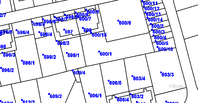 Parcela st. 600/1 v KÚ Roztoky u Prahy, Katastrální mapa
